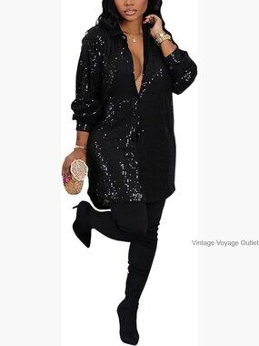 Midi Sequin Dress Sparkle Button Down Long Sleeve Party Club Dress